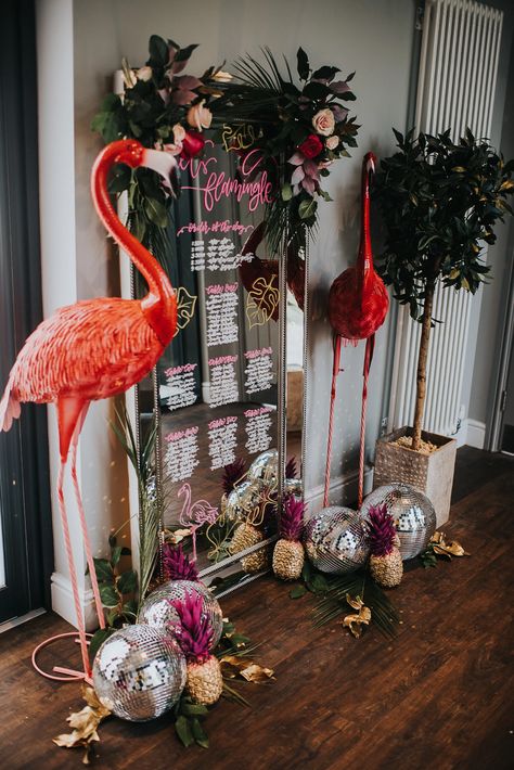 Flamingo Wedding Decor, Tropical Disco Party, Tropical Disco Wedding, Jungle Disco, Flamingo Cocktail, Lets Flamingle, Tropical Disco, Palm Springs Party, Flamingo Wedding