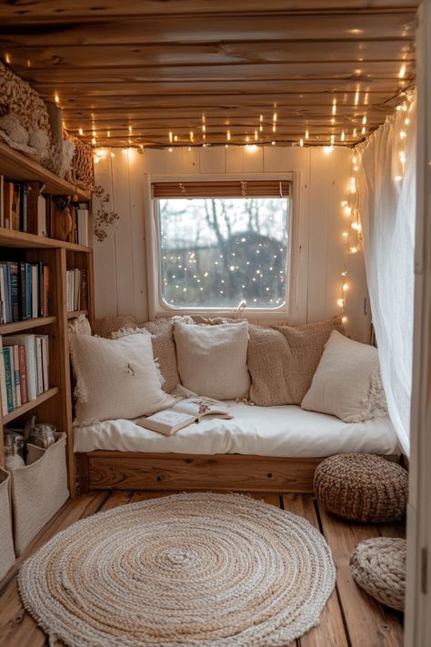 Cute Reading Nook Ideas, Cosy Reading Area, Window Reading Area, Tiny House Reading Nook, She Shed Reading Nook, Book Nook Ideas Cozy, Cozy Reading Corners In Small Spaces, Shed Reading Nook, Daybed Reading Nook