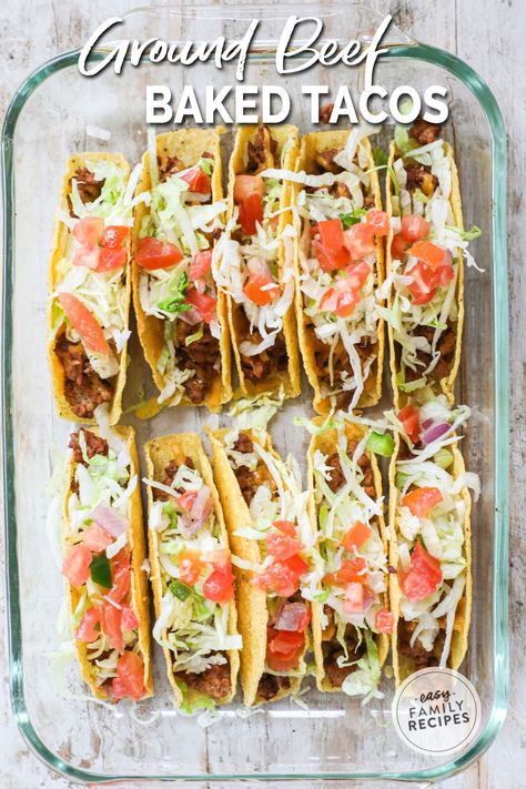 Lazy taco night for the win! These delicious baked ground beef tacos are the best recipe for taco night. Everyone loves tacos, which makes these oven baked beef crunchy tacos an easy weeknight dinner, or the PERFECT crowd-pleasing party food. Whether you serve them as an appetizer or meal, this easy beef taco recipe will only take 15 minutes to get in the oven. Customize this with your favorite toppings for a beef dinner recipe that is always sure to please. Beef Taco Recipe, Crunchy Tacos, Taco Recipes Ground Beef, Oven Baked Tacos, Quick Delicious Dinner, Beef Tacos Recipes, Quick Family Meals, Baked Chicken Tacos, Beef Taco