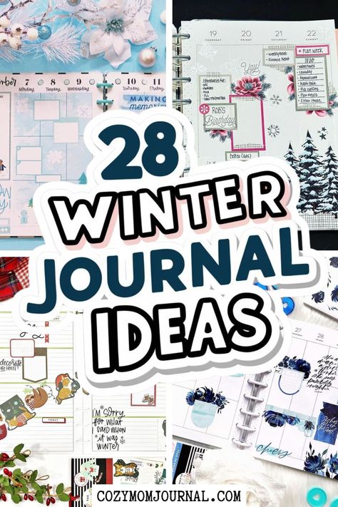 "28 winter journal ideas with decorated pages and creative layouts." January Planner Theme, How To Decorate A Journal Page, Happy Planner Journaling Ideas, Happy Planner Winter Layout Ideas, Happy Planner January Layout, Journaling Goals Layout, Journaling Book Ideas, Winter Junk Journal Ideas, Winter Bujo Theme