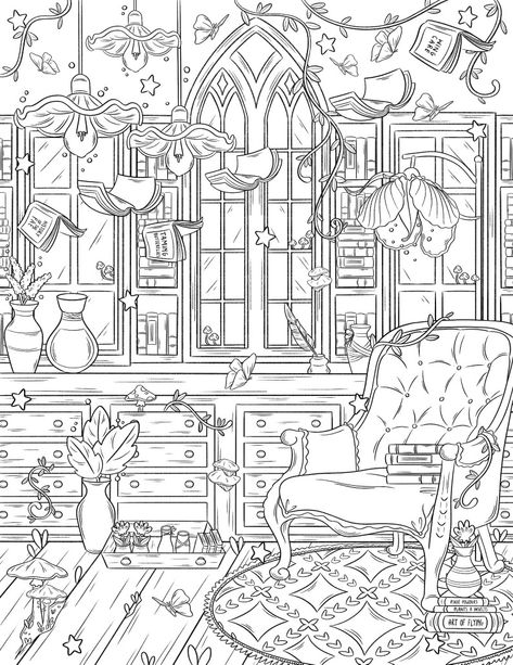 Bookish Colouring Pages, Library Colouring Pages, Aesthetic Colouring Pages, Cottagecore Coloring Pages Free Printable, Fairy Library, Bookstore Coloring Pages, House Interior Coloring Pages For Adults, Cozy Interior Coloring Pages, Colouring Sheets For Adults