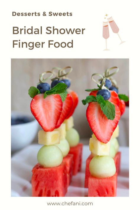 Looking for an impressive, healthy, and fantastic treat to serve at a bridal shower? These beautiful fruit kabobs served with an amazing pear cream are both stunning and delicious. Perfect for a meal at home or the fanciest wedding, it is a treat to remember. Fruit Shower Ideas, Bridal Shower Fruit Kabobs, Easy Fruit Kabobs Simple, Cute Bridal Shower Food, Bridal Shower Fruit Ideas, Small Bridal Shower Ideas Food, Fruit For Bridal Shower Ideas, Fruit Skewers Wedding, Fancy Fruit Skewers