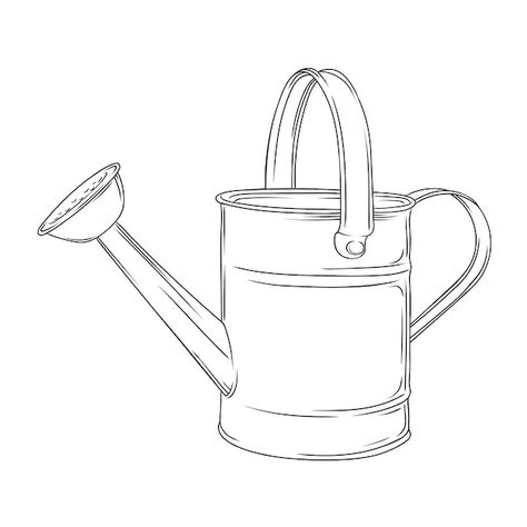 Water Can Drawing, Vector Line, Gardening Drawing, How To Draw A Watering Can, Watering Can Tattoo Fine Line, Garden Drawings, Gardening Doodles, Watering Can Drawing, Watering Can With Flowers Tattoo