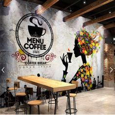 Cafe Industrial, Menu Coffee, Coffee Shop Wall, Mural Cafe, Industrial Cafe, Cafe Wall Art, Coffee Restaurants, Coffee Shop Interior Design, Coffee Wall Decor