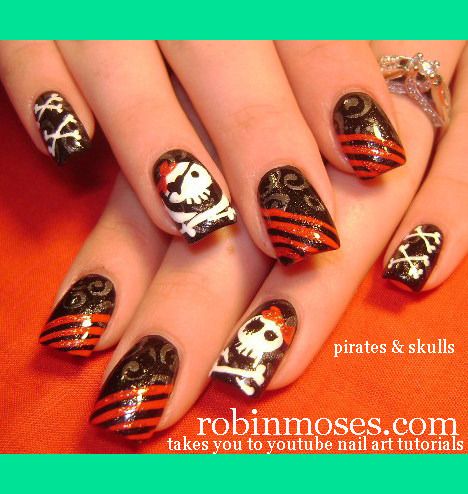 pirate skulls 1010 | Robin M.'s (robinmosesnailart) Photo | Beautylish Pirate Nail Art, Skull Nail Designs, Pirate Nails, Corset Nails, Youtube Nail Art, Nautical Nail Art, Skull Nail Art, Robin Moses, Nautical Nails