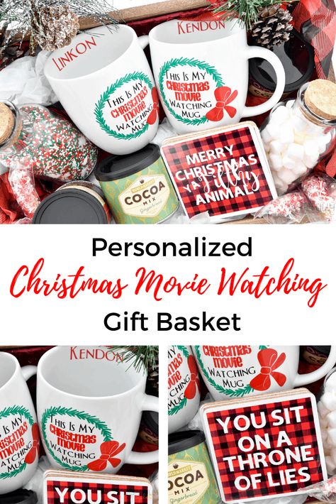 Create a gift basket for anyone who loves Christmas Movies with Cricut! #ad #cricutcreated Christmas Movie Gift Basket, Movie Basket, Movie Basket Gift, Christmas Movie Quotes, Personalized Gift Baskets, Wet Felting Projects, Movie Watching, Cricut Christmas, Cricut Explore Air 2