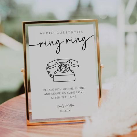 Introducing the Audio Guestbook Sign, the perfect touch for your minimalist wedding. Let your guests leave heartfelt messages with this unique guestbook wedding idea. Encourage your loved ones to simply pick up the phone and record your message on the voicemail guestbook, creating lasting memories for the happy couple. With the phone guestbook sign, guests can easily leave a message that will be cherished for years to come. Make your special day even more memorable with the audio guest book sign Audio Guest Book Sign Wedding, Voicemail Guest Book Sign, Wedding Phone Guest Book Sign, Audio Guestbook Sign, Unique Wedding Ideas Creative Diy, Audio Guest Book Sign, Wedding Phone Guest Book, Voicemail Guest Book, Telephone Guest Book