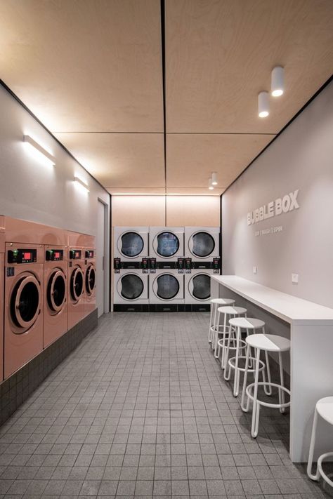 Laundrymat Design Ideas, Laundry Cafe Interior Design, Cute Laundromat Ideas, Small Laundromat Design, Laundrette Design, Cafe Laundromat, Laundry Shop Design Ideas, Laundry Room Wallpaper Accent Wall, Laundry Store Design Ideas