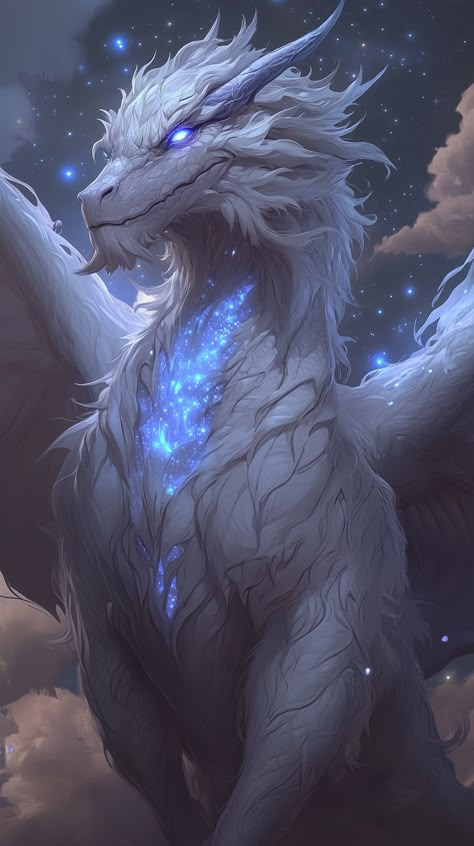 A towering white dragon raises its regal head beneath a star-scattered sky. Its opalescent scales reflect the gentle glow of distant constellations, each plate etched with subtle patterns like cosmic whispers. Along its chest, swirling blues shimmer as if filled with stardust. Translucent horns curve gracefully, and luminous eyes gleam with ancient wisdom. Wisps of cloud drift around its elevated perch, the night air humming with silent awe. The aesthetic captures fantasy creatures art dragon grandeur and quiet cosmic grace, each flicker of starlight enhancing its serene vigilance under the vast, silent heavens. White Wyvern, White Dragon Aesthetic, Astral Dragon, Platinum Dragon, Electric Dragon, Cosmic Dragon, Wind Dragon, Dragon Concept Art, Air Dragon