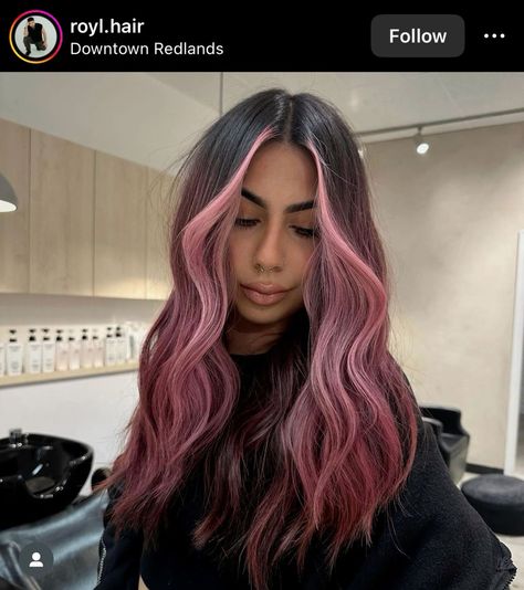 Dark Hair Peekaboo Highlights, Valentines Day Hair Color, Pink Highlight Hair, Brown And Pink Hair, Underdye Hair, Pink Hair Highlights, Dimensional Highlights, Two Color Hair, Hair Flowing