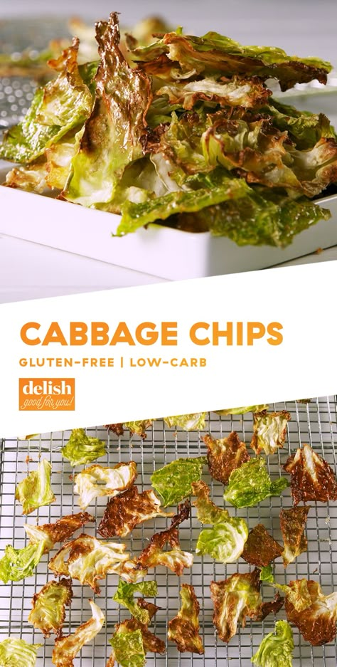 These low-carb chips will make you forget ALL about potato chips. Get the recipe at Delish.com. #recipe #easy #easyrecipes #cabbage #chips #lowcarb #lowcarbdiet #lowcarbrecipes #glutenfree Cabbage Chips, Lighter Meals, Healthy Chips, Dehydrated Foods, Vegetable Chips, Dehydrated Vegetables, Veggie Snacks, Veggie Chips, Kale Chips