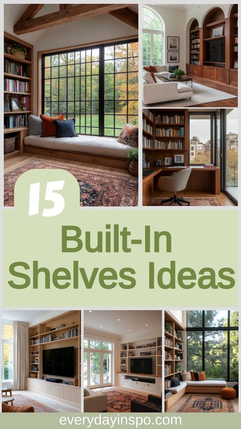 Get some simple ideas for built-in shelves for your living room to create your perfect space. Nook Shelving Ideas, Built In High Ceiling, Organic Modern Built In Shelves, Wall Bookcase Living Room, Shelves Around A Window, Diy Wall Bookshelves, Bookshelf Living Room Ideas, Built In Cabinets Living Room, Corner Shelves Living Room