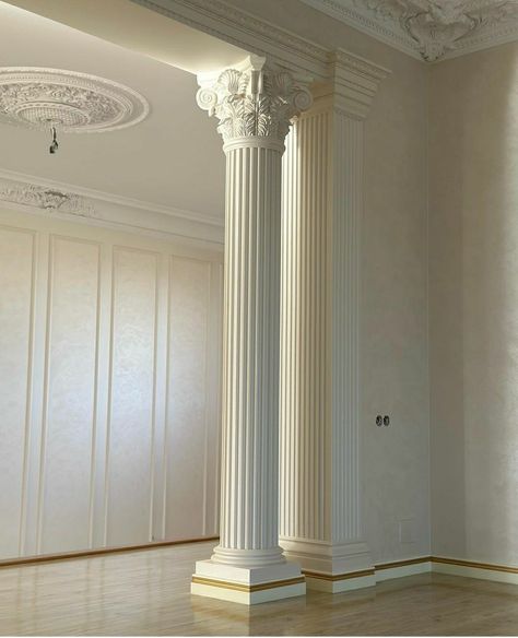 Pillar In Bedroom, Round Column Design Interior, Indoor Columns Ideas, Column Design Interior, Indoor Columns, Column Design Ideas, Classic Interior Design Living Room, Columns Interior, Cornice Design