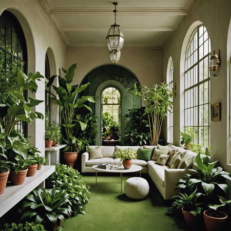 Transform your space into an elegant indoor greenhouse haven with this lush, plant-filled sanctuary. Featuring a harmonious blend of large leafy plants, terracotta pots, and stylish wooden furniture, this indoor garden is perfect for unwinding and reconnecting with nature. The beautiful arched windows and natural light create a serene ambiance, making it an ideal spot for relaxation and rejuvenation. Get inspired to create your own green oasis at home! Greenhouse Lounge, Veranda Ideas, Atrium Garden, Conservatory Greenhouse, Garden Nook, Indoor Greenhouse, Green Oasis, Leafy Plants, Arched Windows