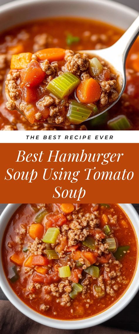 Image for Best Hamburger Soup Using Tomato Soup Easy Soups With Hamburger Meat, Recipes Made With Tomato Soup, The Best Hamburger Soup, Easy Beef Soup Recipes, Simple Soups Easy, Recipes With Tomato Soup, Recipes Using Tomato Soup, Hamburger Pasta Soup, German Tomato Soup