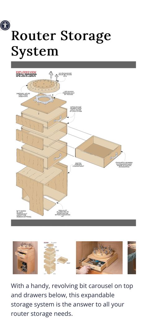 This project grew out of a simple need — to provide a convenient place to store router bits. The most common solution might be to just drill a few rows of holes… Router Bit Storage, Router Storage, Woodsmith Plans, Bit Storage, Lumber Storage, Patio Projects, Table Saw Blades, Router Accessories, Things To Build