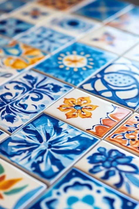 "Create beautiful, hand-painted tiles with DIY Painted Ceramic Tiles! 🎨🖌️ Perfect for adding a personal touch to your backsplash, floor, or wall. 🌟✨ #HandmadeTiles #DIYDecor #CeramicPainting" Making Tiles, Lemonade Bar, Tile Painting, Homestead House, Painted Tiles, Painting Ceramic Tiles, Spanish Tile, Hand Painted Tiles, Kitchen Paint