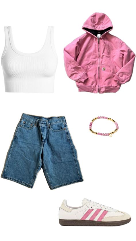 og womens sambas pink pink carharttt jacket cropped women’s white tank dark blue jorts gold and pink rose bracelet Cdg Outfit, Sambas Pink, Pink Sambas, Sambas Outfit, First Day Of School Fits, Samba Outfit, Rose Bracelet, Gold And Pink, Pink Fits