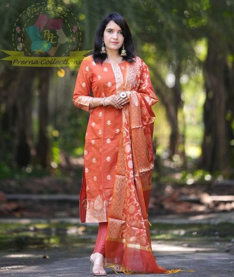 LET'S CELEBRATE FESTIVITIES WITH THE RICHNESS OF BANARASI SILK IN MOST ELEGANT WAY  PARIDHAN BY PRERNA COLLECTION'S EXCLUSIVE  PREMIUM CHANDERI BANARASI SILK KURTI WITH RICH WEAVING ALL OVER  RICH FULL SIZE BANARASI.SILK WEAVED DUPATTA  SILK PANTS  SIZE: 38-40-42-44 Silk Banarasi Suits, Cotton Silk Suit Designs Indian, Banarasi Kurti Designs Latest, Banarasi Kurti Design, Banarasi Suit Designs Latest, Silk Suit Designs Indian, Banarasi Suit Designs, Suits Design Latest, Stitched Kurti