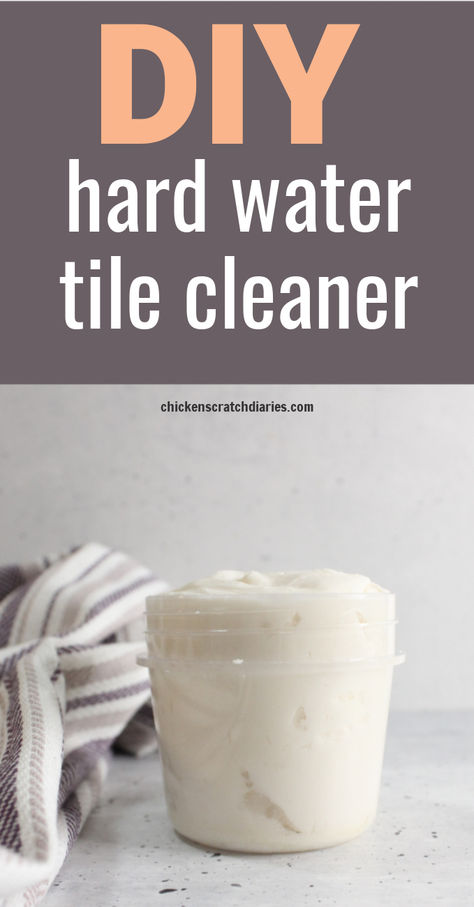 Jar of tile cleaner with text "DIY  hard water tile cleaner" Diy Tile Cleaner, Homemade Grout Cleaner, Homemade Shower Cleaner, Small Glass Containers, Diy Cleaning Recipes, Tile Cleaner, Tile Showers, Diy Cleaning Products Recipes, Hard Water Stain Remover