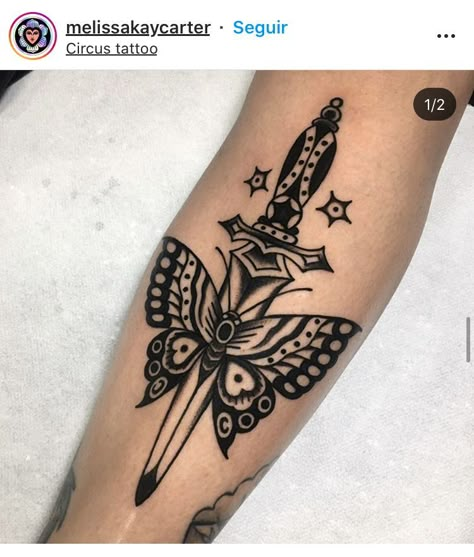 Moth Knife Tattoo, Butterfly And Swords Tattoo, Girly Dagger Tattoo, Dagger Moth Tattoo, Dagger Butterfly Tattoo, Moth And Dagger Tattoo, Moth Dagger Tattoo, American Traditional Dagger Tattoo, Butterfly Knife Tattoo