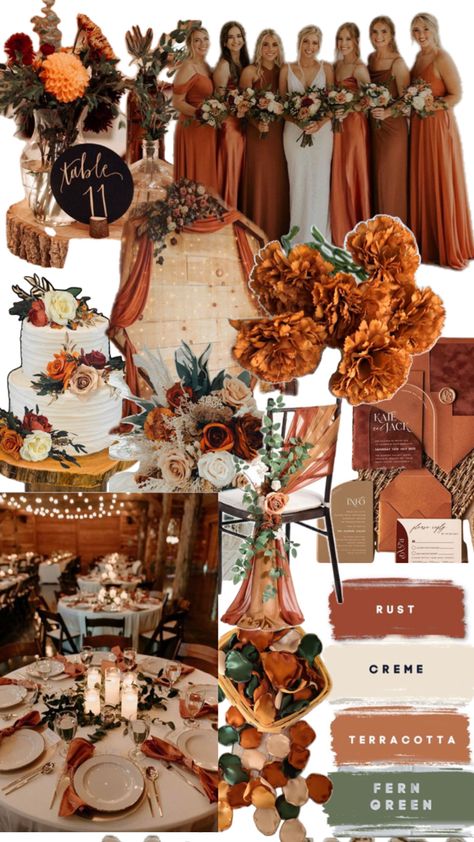 Wedding With Burnt Orange, Rust Orange And Tan Wedding, Rusty Red Wedding Color Schemes, Burnt Orange Weddings Color Pallet, Fall Summer Wedding, Rustic Color Wedding Decor, Country Wedding Burnt Orange, Wedding Inspiration Autumn, Fall Wedding Simple Decor