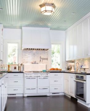 18 Amazing Painted Ceiling Ideas : Beadboard Ceiling Kitchen, Bathroom Remodel Country, Kitchen Beadboard, Painted Beadboard, Beadboard Kitchen, Ceiling Paint Colors, Beadboard Bathroom, Blue Ceiling, Painted Ceilings