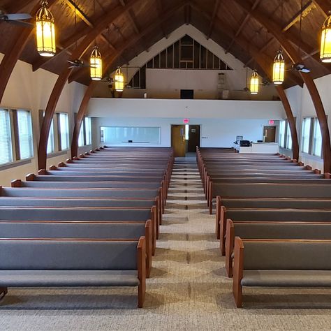 Our artisans refurbished 38 pews by transitioning from old yellow wooden pews, deteriorated foam, and outdated fabric on pews to beautiful, peaceful blue color upholstery using new high-density foam and high-quality Shire-Black Marble fabric from Absecon Mills. In addition, Our craftsmen sanded the wood to natural and then applied a unique penetrating stain that brings out the luster of the wood. 
These pews once again look stunning throughout the church and make the congregation proud. Peaceful Blue, Marble Fabric, Church Pews, Seventh Day Adventist Church, Marbling Fabric, Church Pew, Seventh Day Adventist, Real Video, In Church