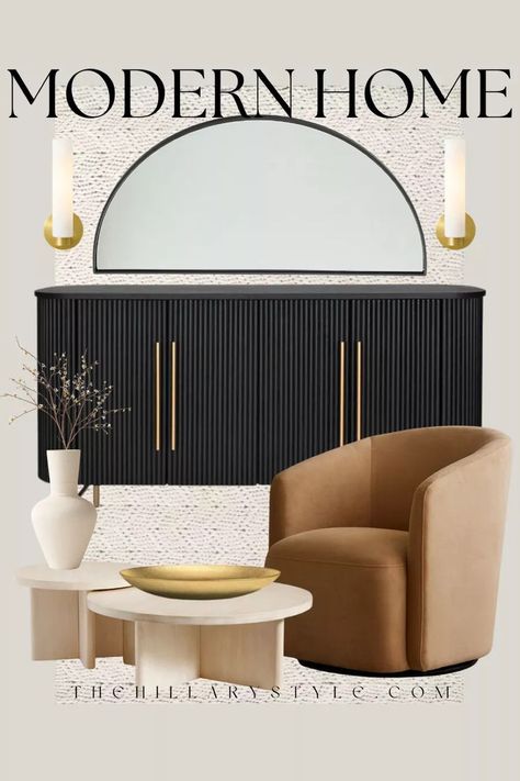 Black Arched Mirror, Black Arch Mirror, Coffee Tables Wood, Boucle Accent Chair, Gold Sconces, Modern Organic Home, Neutral Area Rug, Faux Branches, Home Neutral