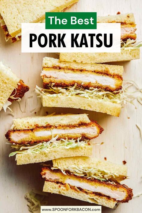 Pork Katsu is a crispy, juicy dish that everyone will love. This easy recipe shows you how to make the perfect pork katsu for a delicious dinner or lunch! Pop over to our site for this easy recipe! Pork Katsu Recipe, Pork Cutlet Sandwich, Katsu Pork, Soft Milk Bread, Katsu Sauce, Pork Katsu, Katsu Sando, Katsu Recipes, Spoon Fork Bacon