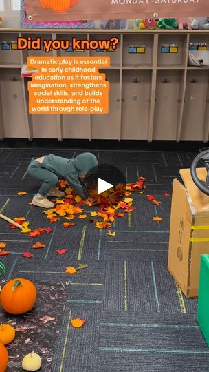 14K views · 287 reactions | Step into our preschool classroom transformed into a vibrant pumpkin patch! 🍂🎃 Watch as my son dives into autumn-themed dramatic play, picking apples, raking leaves, and joyfully tossing them into the air. He also harvests pumpkins and takes the tractor for a spin around the patch. Dramatic play is essential in early childhood education as it fosters imagination, strengthens social skills, and builds understanding of the world through role-play. Join us for a fun-filled exploration of seasonal activities that spark creativity and learning! | Preschool Vibes Leaves Dramatic Play Preschool, Harvesting Activities For Preschoolers, Preschool Vibes, Picking Apples, Learning Preschool, Raking Leaves, Dramatic Play Preschool, Seasonal Activities, Fall Preschool