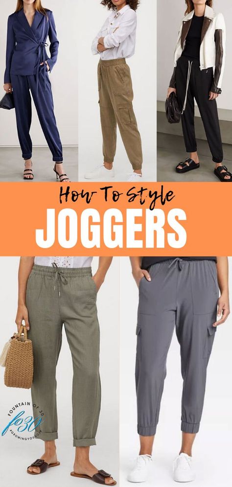 The comfortable jogger pants trend is going strong for spring 2020! What’s not to love about them? You may be wondering if you can wear them and if this trend is right for you. I found some of the best joggers for women over 40 and I’ll show you how to style them. #over40 #fashion #springfashion #joggers #trends Canvas Joggers Women Outfit, Woven Joggers Outfit, Jogger Style Women, Joggers At Work Outfit, Tapered Joggers Outfit Women, Loose Joggers Outfit Women, Linen Joggers Outfit Summer, Jogging Pants Outfit Women, Business Casual Joggers Outfit Work