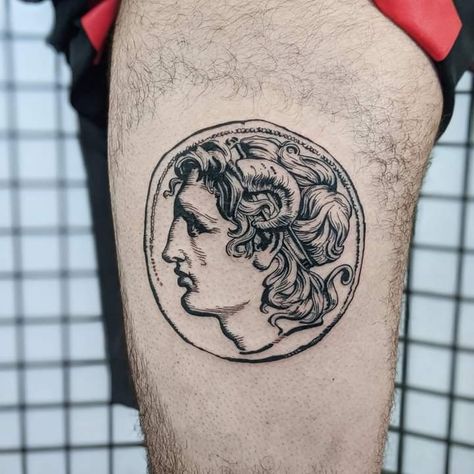 Alexander The Great Tattoo, Coin Tattoo, Italian Tattoos, Melbourne Tattoo, Mythology Tattoos, Thigh Tattoos Women, Subtle Tattoos, Tattoo Flash Art, Foot Tattoo