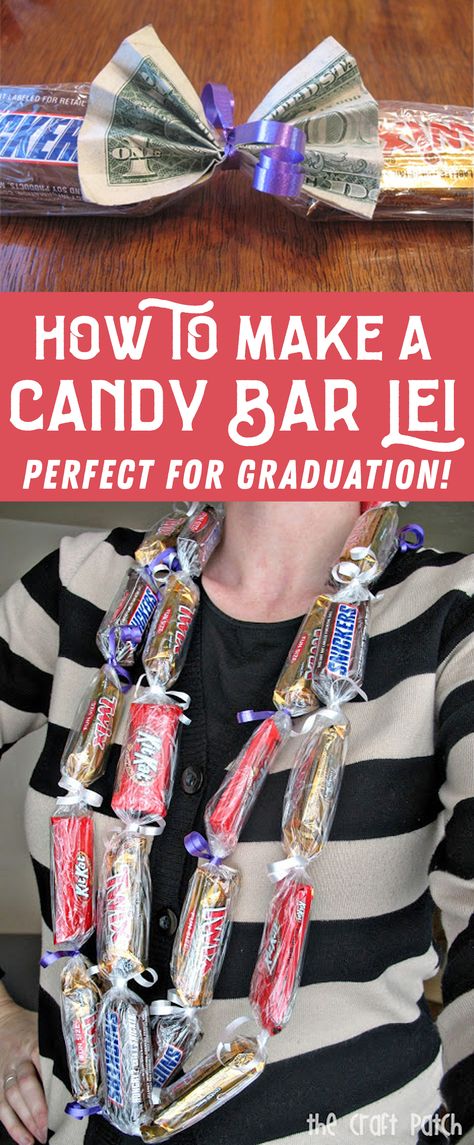 Learn how to make a candy bar lei to give as a graduation gift. These are simple to make and this tutorial has great instructions. This also includes how to add money to a candy lei so you can do either or both. It's so fun to see these on all the kids at graduation. Lei Tutorial, Graduation Leis Diy, Money Necklace, Graduation Money Lei, Candy Lei, 5th Grade Graduation, 8th Grade Graduation, Graduation Money, Graduation Candy