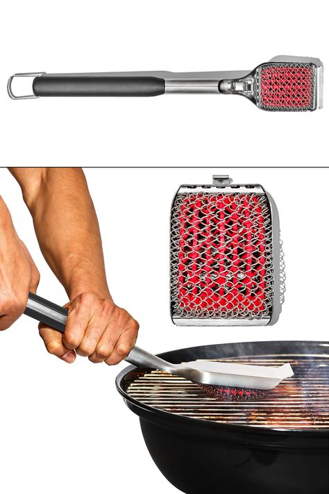 A bristle-free grill brush that uses stainless steel coils and flexible silicone to deep clean hot or cold grates without leaving dangerous wire pieces behind. @oxo Grill Brush, Clean Grill, Kitchen Equipment, Deep Clean, Good Grips, Coils, Deep Cleaning, Grilling, Gadgets