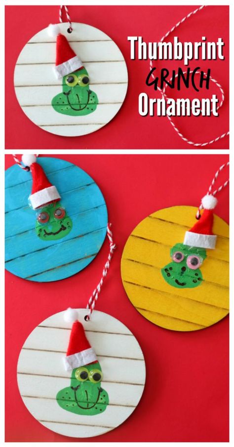 A thumbprint Grinch ornament to hang on the Christmas tree. Easy for kids to make and so cute! Holiday Class Party Ideas, Christmas Crafts Party, Paper Kids Crafts, Kids Crafts Summertime, Thumbprint Crafts, Grinch Day, Christmas Tree Easy, Grinch Ornament, Creative Ideas For Kids