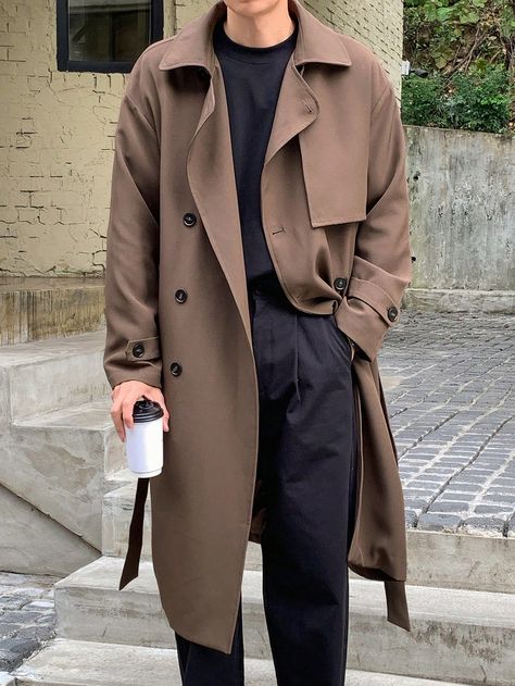 Coffee Brown Casual Collar Long Sleeve Woven Fabric Plain Regular Embellished Non-Stretch  Men Clothing Men Coat Style, Mens Fashion Trench Coat, Winter Formal Casual Outfits, Mens Winter Trench Coat, Winter Coat Aesthetic Men, Nyc Male Fashion, Men’s Long Coat, Mens Trench Coat Outfit Casual, Coat Long Outfit