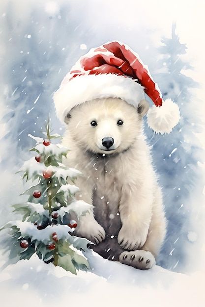 Winter Christmas Scenes, Polar Bear Art, Winter Art Projects, Polar Bear Christmas, Christmas Scenery, Christmas Artwork, Winter Images, Watercolor Christmas Cards, Christmas Bear