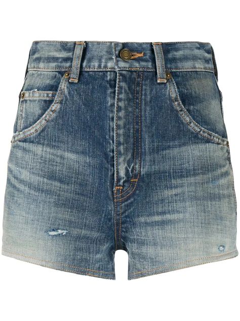 Saint Laurent destroyed denim shorts Saint Laurent Denim, Fall Blue, Saint Laurent Jeans, Destroyed Denim Shorts, Halterneck Mini Dress, Western Style Shirt, Distressed Denim Skirt, Military Style Jackets, Single Button Blazer