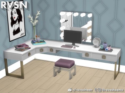 RAVASHEEN's Social Distancing Desk & Vanity Set Sims 4 Cc Furniture Functional Bedroom, Desk Vanity, Photo Walls, Modular Table, Modular Desk, Cc Furniture, Sims 4 Bedroom, Future Room, Sims 4 Cc Makeup