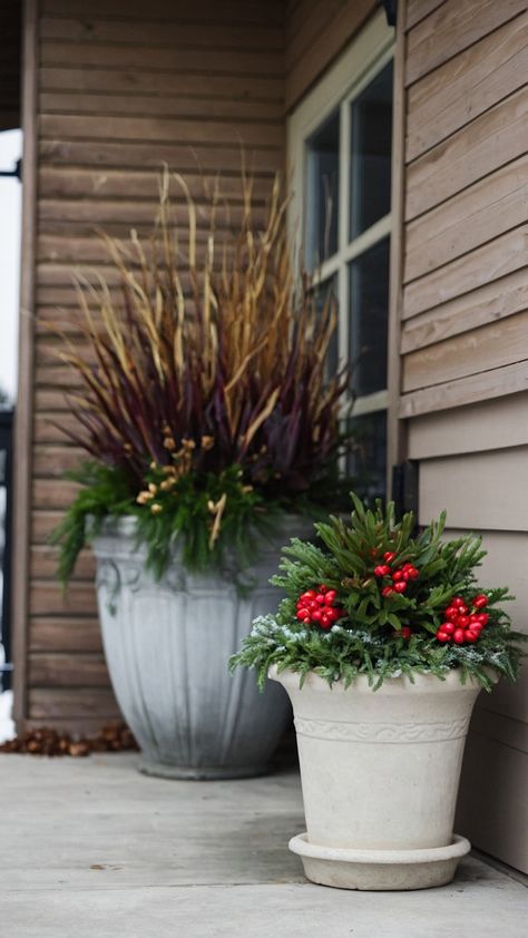 Transform your front porch this winter with charming outdoor DIY winter planters Learn how to create simple fake tall Christmas arrangements using easy pansies birch branches late lanterns and a touch of farmhouse elegance Ideal for UK gardens these ideas will inspire you to decorate your outdoor space with a festive flair Simple Christmas Planters Outdoor, Christmas Porch Planters, Winter Planters Front Porches, Christmas Planters Outside Front Porches, Winter Porch Pots, Winter Planter Ideas, Porch Planter Ideas, Winter Front Porch Decor, Winter Porch Decor