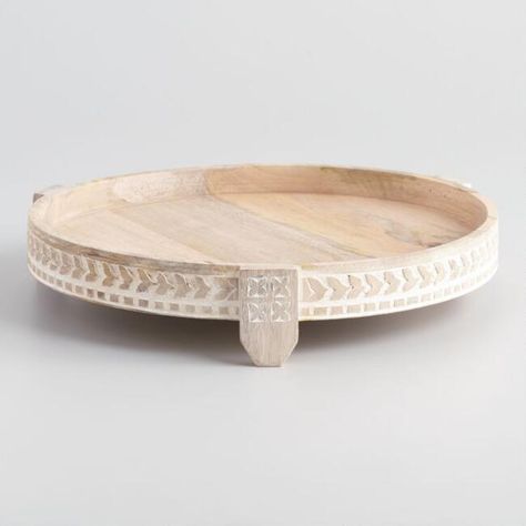 Round Whitewash Wood Carved Footed Tray Carved Tray, Footed Tray, Round Serving Tray, Coffee Table Tray, Whitewash Wood, Small Wood Projects, Wood Carved, Affordable Home Decor, Wood Tray