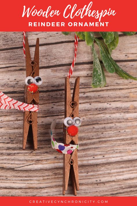 These wooden clothespin Reindeer Ornaments are easy to make and inexpensive, making them the perfect economical Christmas craft to make with your kids or with a group like Scouts/Brownies and classrooms. Use as a gift or attach to a package as a gift topper. Clothespin Reindeer Craft Ornaments, Reindeer Clothespin Ornaments, Clothespin Ornaments Diy, Clothespin Reindeer, Reindeer Clothespin, Craft To Make, Scissors Crafts, Reindeer Craft, Reindeer Ornament