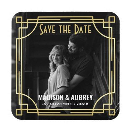 Art Deco Wedding Save the Date Add Your Photo Gold Beverage Coaster Period Party, Date Squares, Gold Save The Dates, Photo Gold, Glass Coaster, Neutral Art, Antique Gift, Save The Date Postcards, Save The Date Magnets