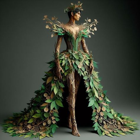 Nature Inspired Costumes, Leaf Inspired Fashion, Nature Goddess Costume, Tree Inspired Dress, Mother Nature Dress, Mother Earth Costume, Tree Cosplay, Earth Costume, Plant Dress