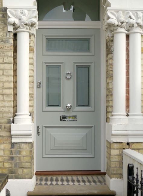 Front Door Edwardian, Edwardian Front Door Ideas, French Grey Front Door, Traditional Front Door Ideas, Front Door Grey, Victorian Doors Front Entrance, Victorian Front Door Colours, Light Grey Front Door, Front Door Stained Glass Window