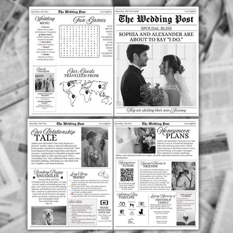 Folded Printable Wedding Newspaper Program Canva Template, Newlywed Times Newspaper Wedding Program, Infographic Ceremony Newspaper Schedule Elevate your wedding with our Printable Wedding Newspaper Program Template. This fully customisable design is perfect for creating a unique folded wedding newspaper program that features a fun wedding crossword, a detailed wedding itinerary schedule, and a comprehensive wedding day timeline. With editable pages to share your couples love story, photographs and interesting couples facts with your guests, to make your newlywed newspaper more personal and special. This wed newspaper is a charming way to keep your guests informed and entertained throughout your wedding day celebration. The template is completely customisable so it can be edited and used f Newlywed Post Newspaper, Wedding Times Newspaper, Newlywed Newspaper, Wedding Newspaper Program, Wedding Newspaper Template, Paper Template Free, Newspaper Wedding, Newspaper Wedding Programs, Newspaper Program