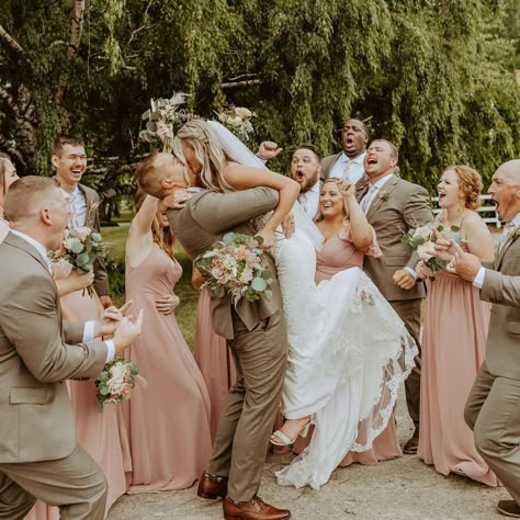 Dusty Rose And Khaki Wedding, Tan Tux With Blush Pink, Dusty Rose And Sage Green Wedding Party Attire, Dusty Pink And Khaki Wedding, Dusty Rose And Moss Green Wedding, Dust Rose And Sage Wedding, Emerald Taupe Peach Wedding, Bridesmaids Dresses Sage Green And Blush, Blush Bridal Party Groomsmen