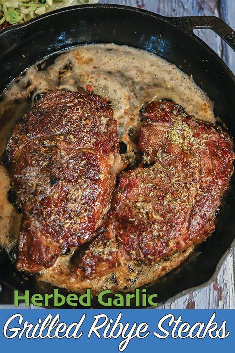 The last Grilled Ribeye Steaks recipe you'll ever need! The steaks start out on the grill and finish in a cast-iron pan, basted in herbed garlic butter. All under 10 minutes! Rob Eye Steak Recipes, Rib Eye Steak Recipes Cast Iron, Cast Iron Steak Recipes, Ribeye Steak Recipes Cast Iron, Cast Iron Ribeye Steak, Iron Steak Recipes, Montreal Steak Seasoning Recipe, Dinner Date Recipes, Season Steak Recipes