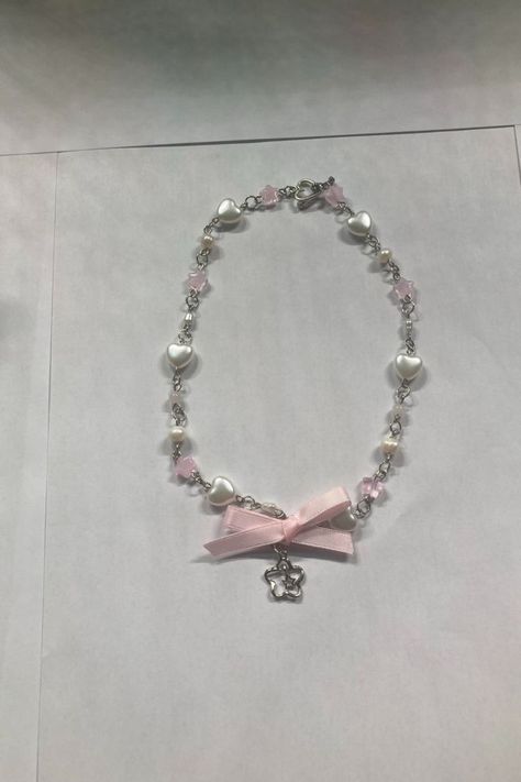 Pink Bow Necklace, Ribbon Necklace With Pendant, Coquette Necklace, Necklace Coquette, Light Pink Bow, Coquette Jewelry, Beaded Bow, Coquette Bows, Bow Pendant